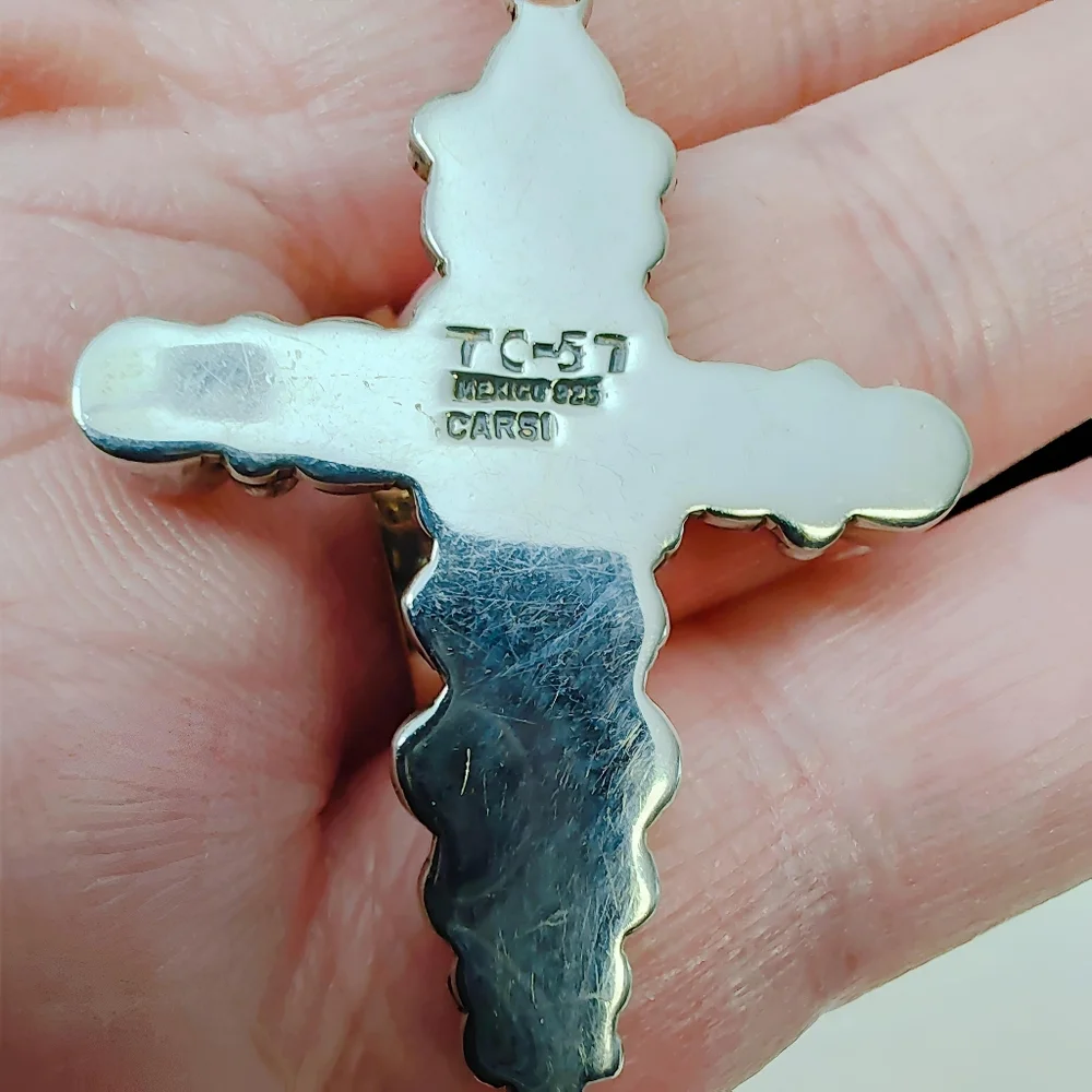 CARSI Taxco Sterling Silver Jasper Pebbled Filigree Motif Cross Pendant Necklace - Picture 7 of 10